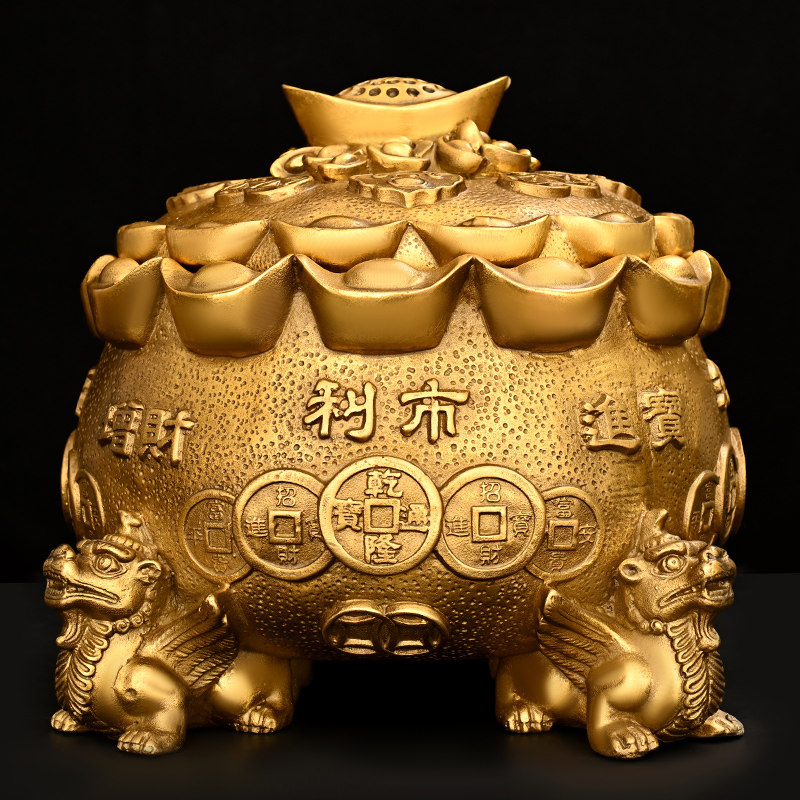 聚宝盆摆件纯铜元宝带盖子存钱罐家用办公室门店装饰四方貔貅聚宝