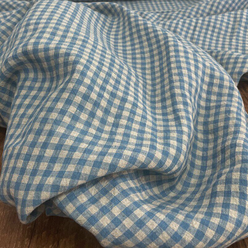 布久以逅麻料肌理感色织纯亚麻格子布料旗袍连衣裙衬衫服装面料蓝