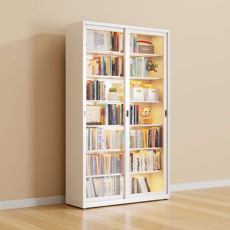 三箭家用钢制书架推拉门防尘玻璃书柜带锁展示柜落地收纳储物柜子