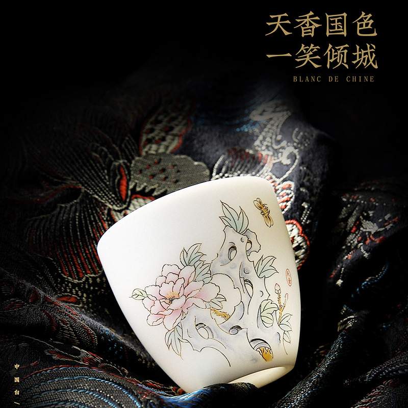 重工纯手绘定彩杯主人杯个人杯德化白瓷茶具茶杯品茗杯羊脂玉陶瓷