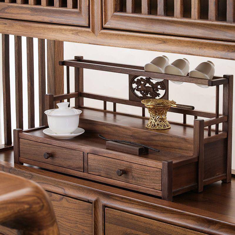 胡桃木茶具收纳北美双层博古架中式实木茶壶紫砂桌面茶杯置物架