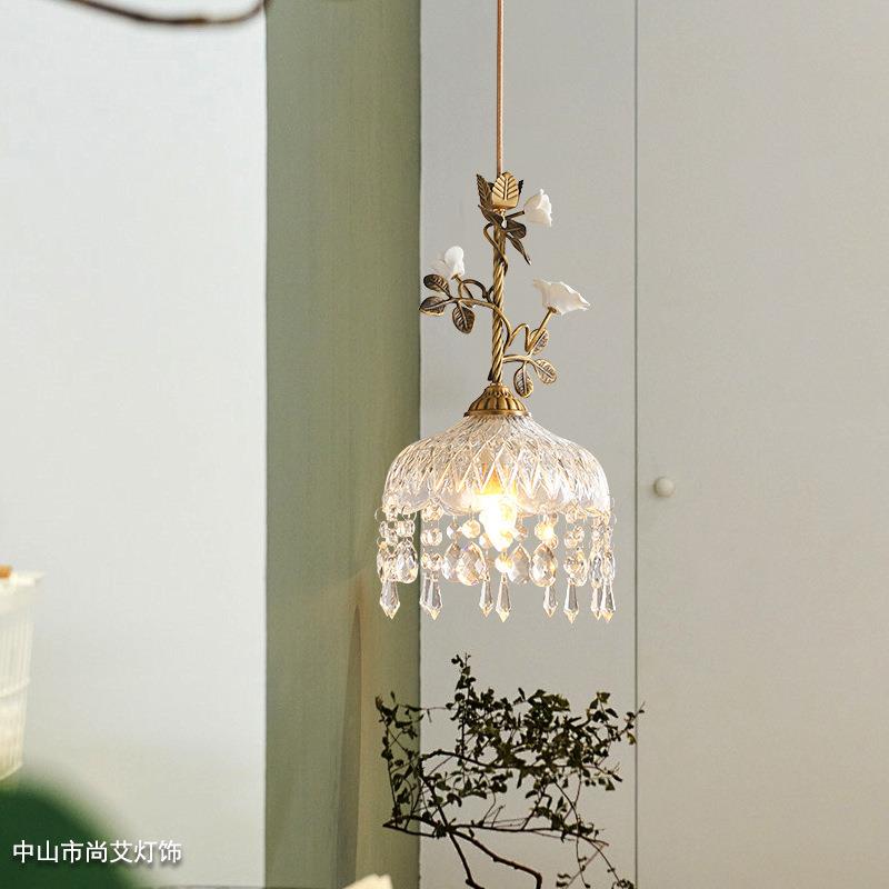 法式全铜床头吊灯花朵小吊线灯过道玄关吧台复古艺术个性餐厅灯