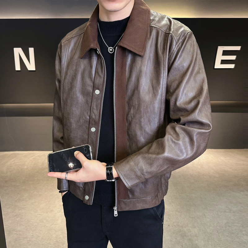 美发师拼接皮衣外套秋季潮牌男装高级感上衣机车pu皮褂子休闲夹克