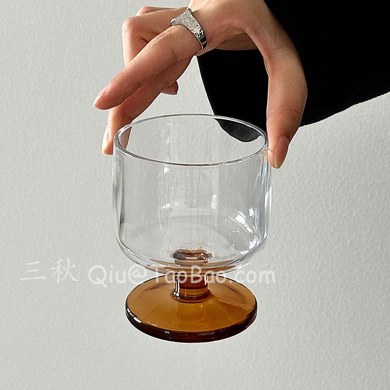 三秋Sanq小众中古酒杯棕底圆墩矮脚杯水杯香槟红酒杯咖啡杯饮品杯