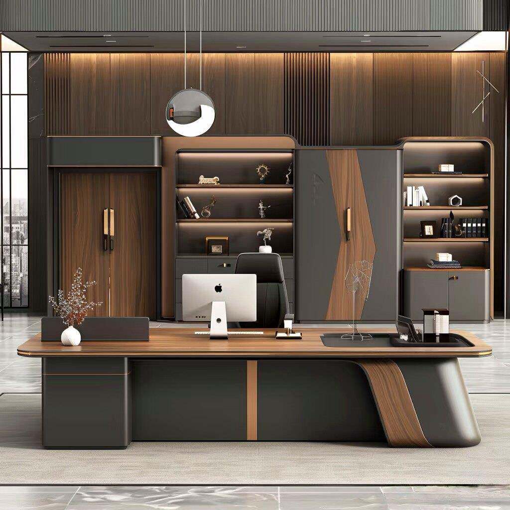 新中式办公室实木老板办公桌意式轻奢高端大气胡桃木董事长大班台