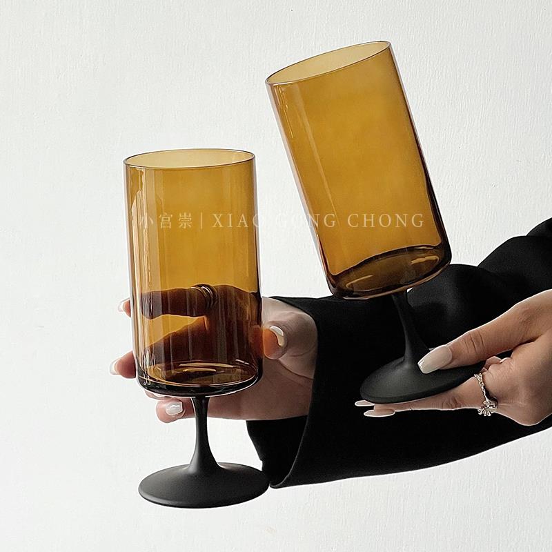中古风创意直筒高脚玻璃杯小众氛围感调酒杯鸡尾酒杯果汁杯饮品杯