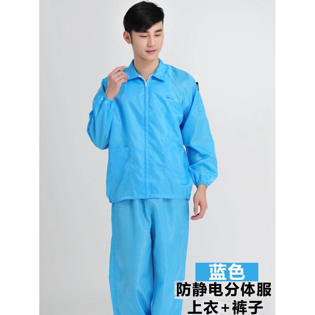 静电服分体无尘防护工作服女食品帽长袖套装蓝白色防尘服上衣男