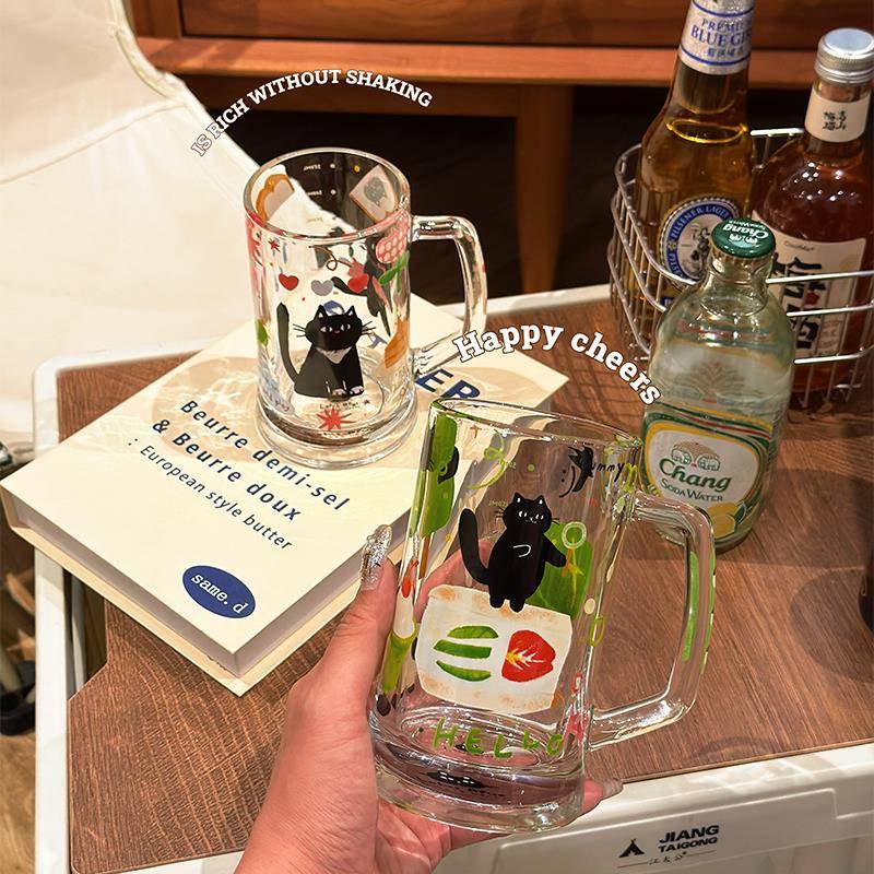 可爱小黑猫大容量果汁冷饮啤酒杯家用水杯早餐牛奶办公室杯礼物