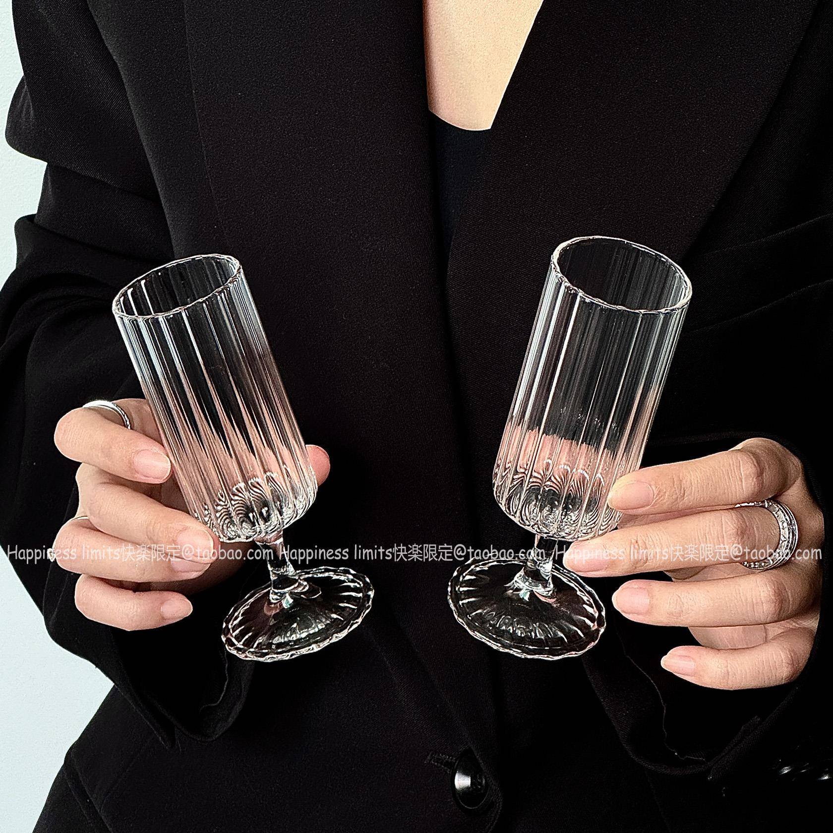 小众ins复古条纹猴魁玻璃杯竖纹高脚杯气泡水杯简约创意咖啡杯子