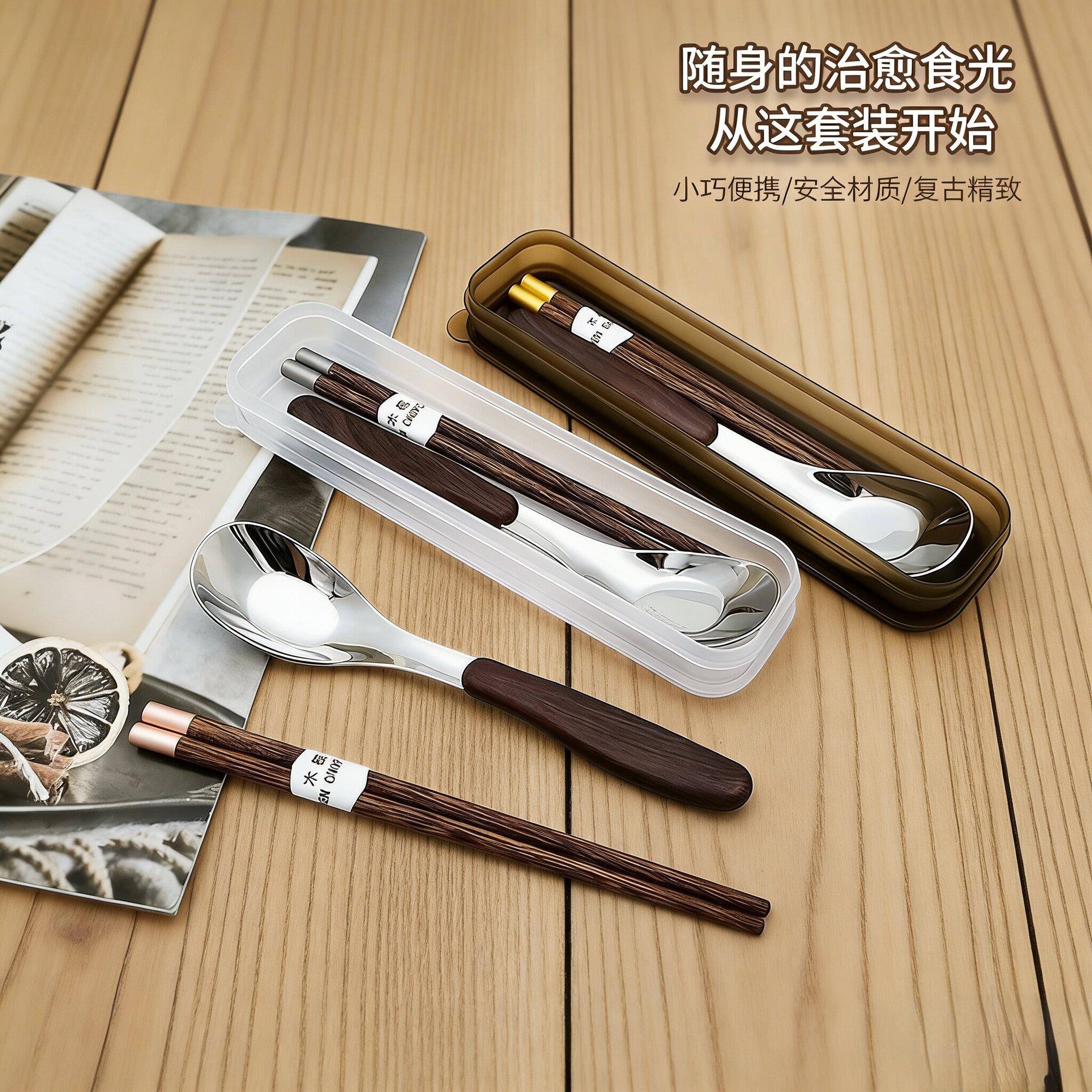 木质筷子勺子套装304不锈钢勺子学生便携式勺筷二件套餐具收纳盒