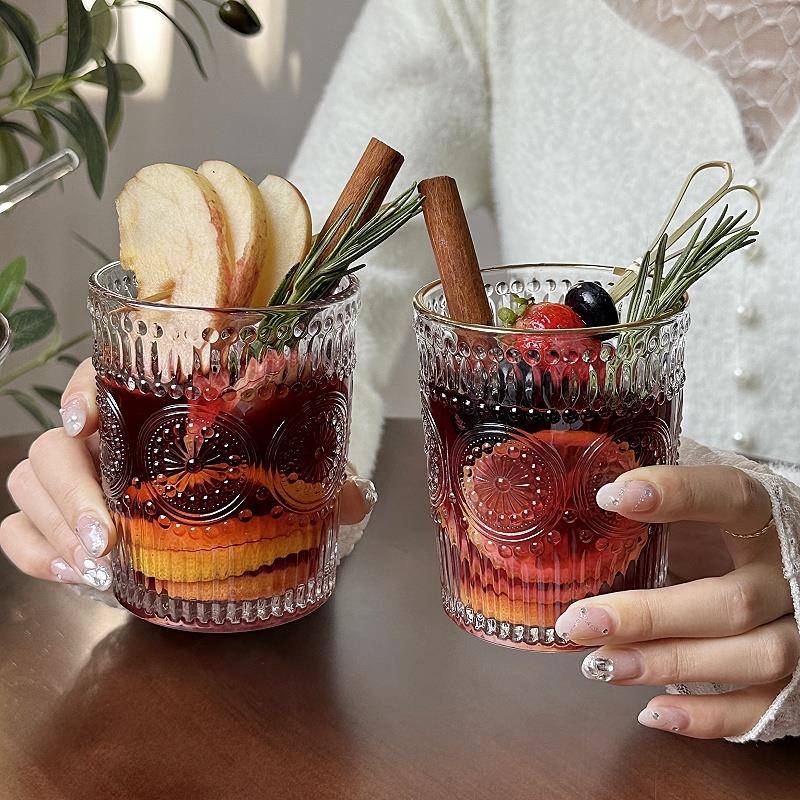 煮热红酒杯太阳花浮雕玻璃杯家用女圣诞ins风复古果酒鸡尾酒杯子