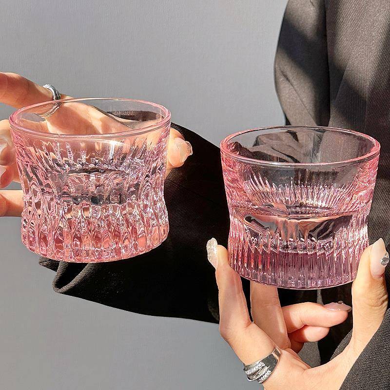 女士粉色威士忌杯新款小众设计束腰洋酒杯刻花酒杯创意杯子玻璃杯