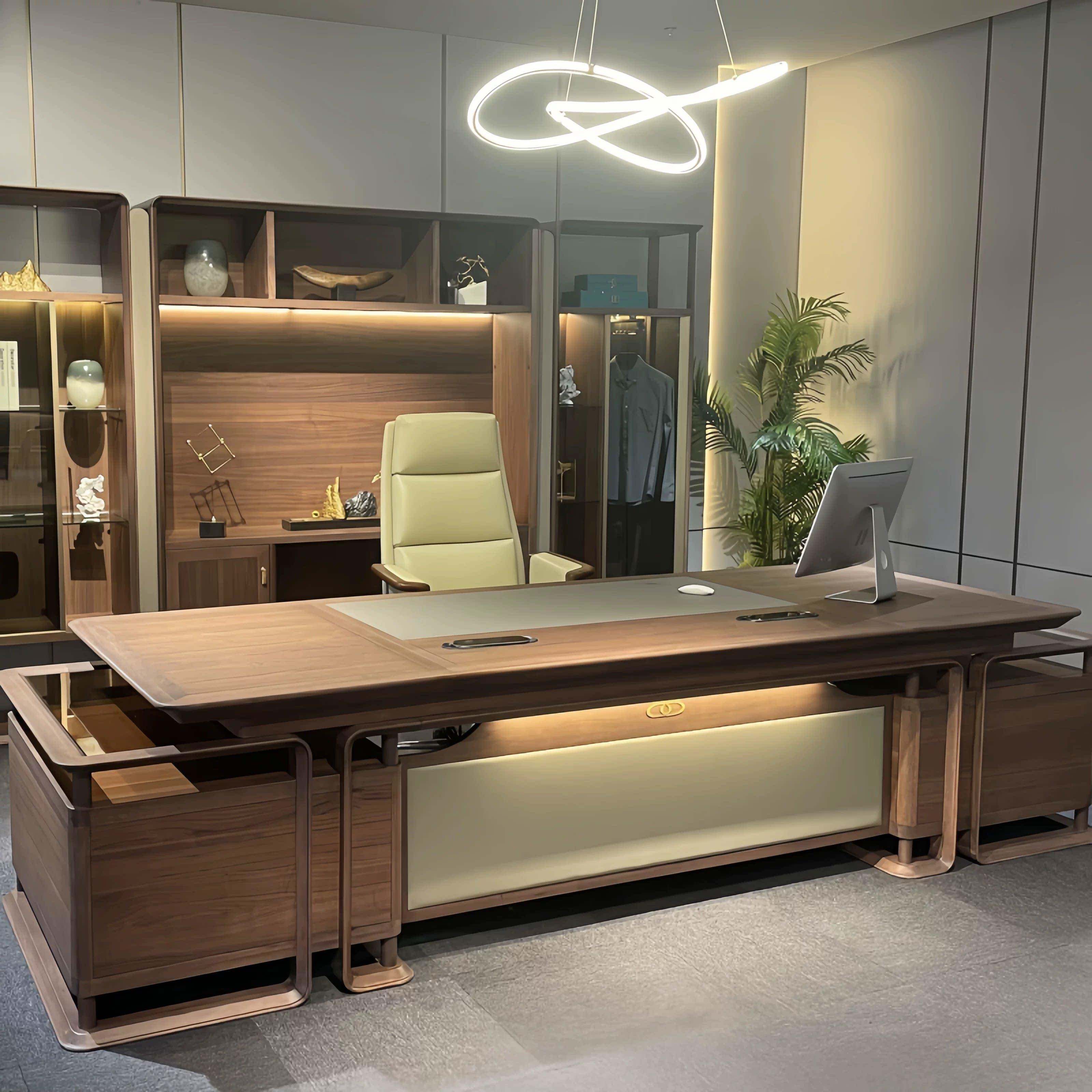 黑胡桃木总裁桌现代新中式轻奢风格大班台董事长办公室老板办公桌