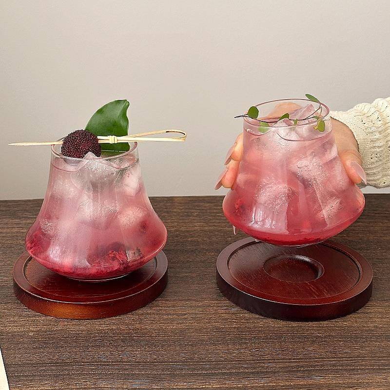 新中式玻璃杯氛围感鸡尾酒杯带杯垫火山杯高颜值鸡尾酒特调杯冷饮