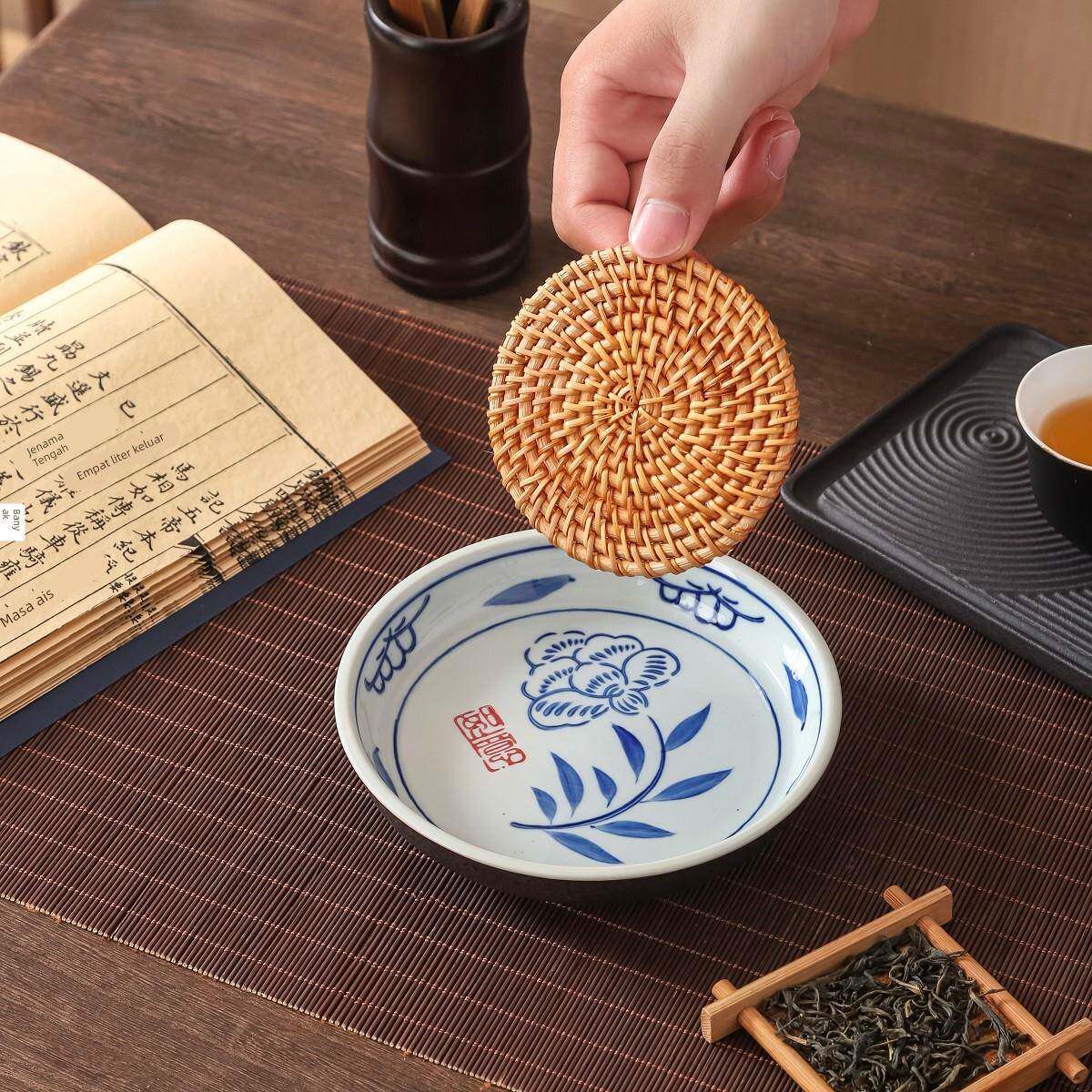 覆古青花壶承编藤干泡台养壶紫砂壶茶托大号丝瓜络壶承储水式茶台