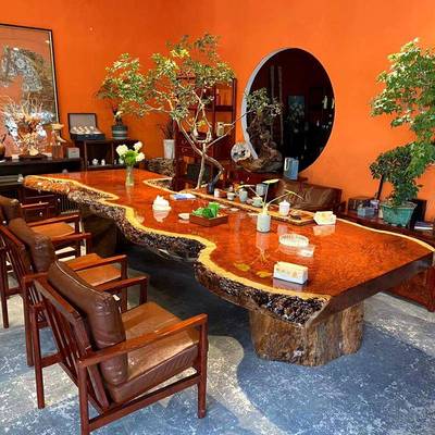 巴花实木大板原木茶桌椅组合老板办公桌红木餐桌黑檀茶台中式家俱
