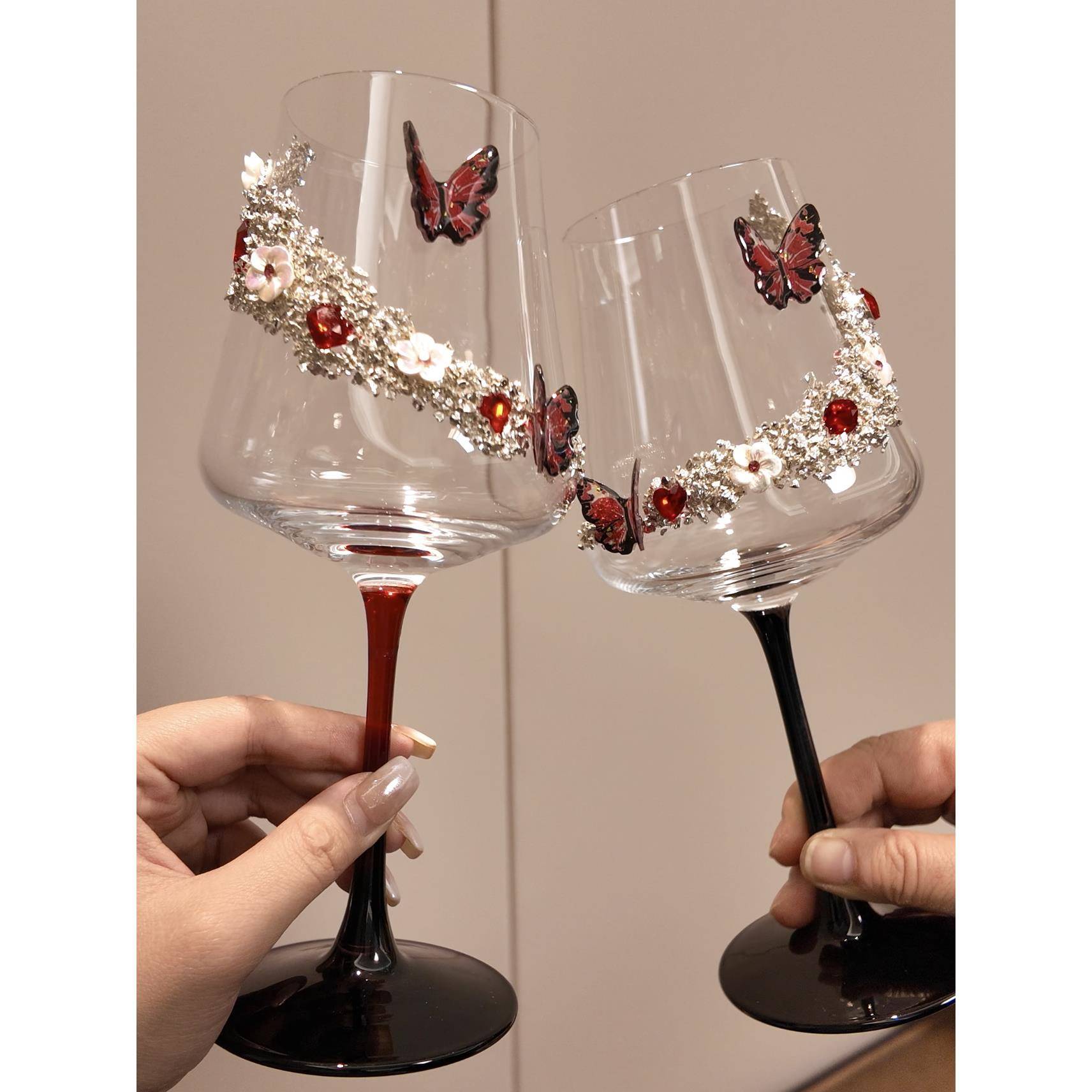 绯色玫瑰 原创蝴蝶贴钻红酒杯高脚杯葡萄酒杯情侣酒杯敬酒杯
