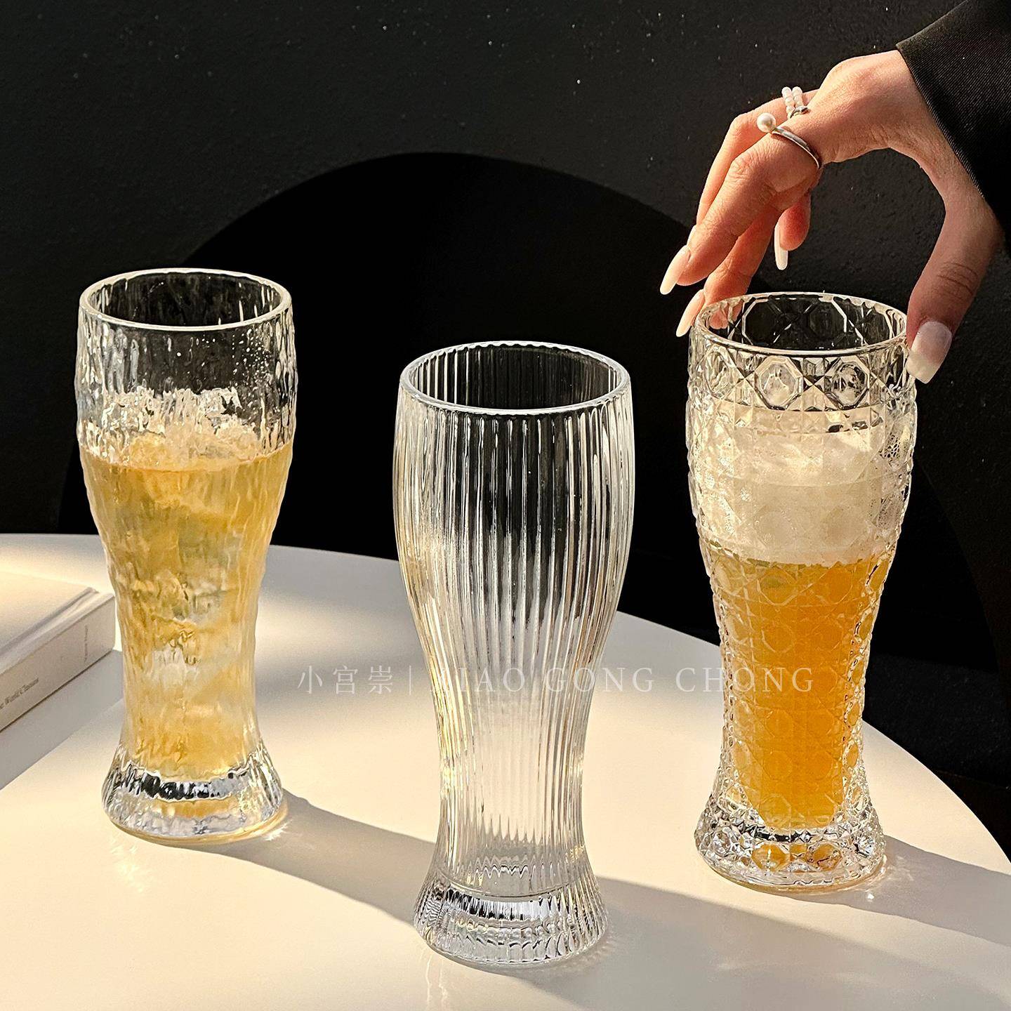 创意刻花啤酒杯家用大容量高颜值小麦扎啤杯精酿酒杯喝水杯冷饮杯
