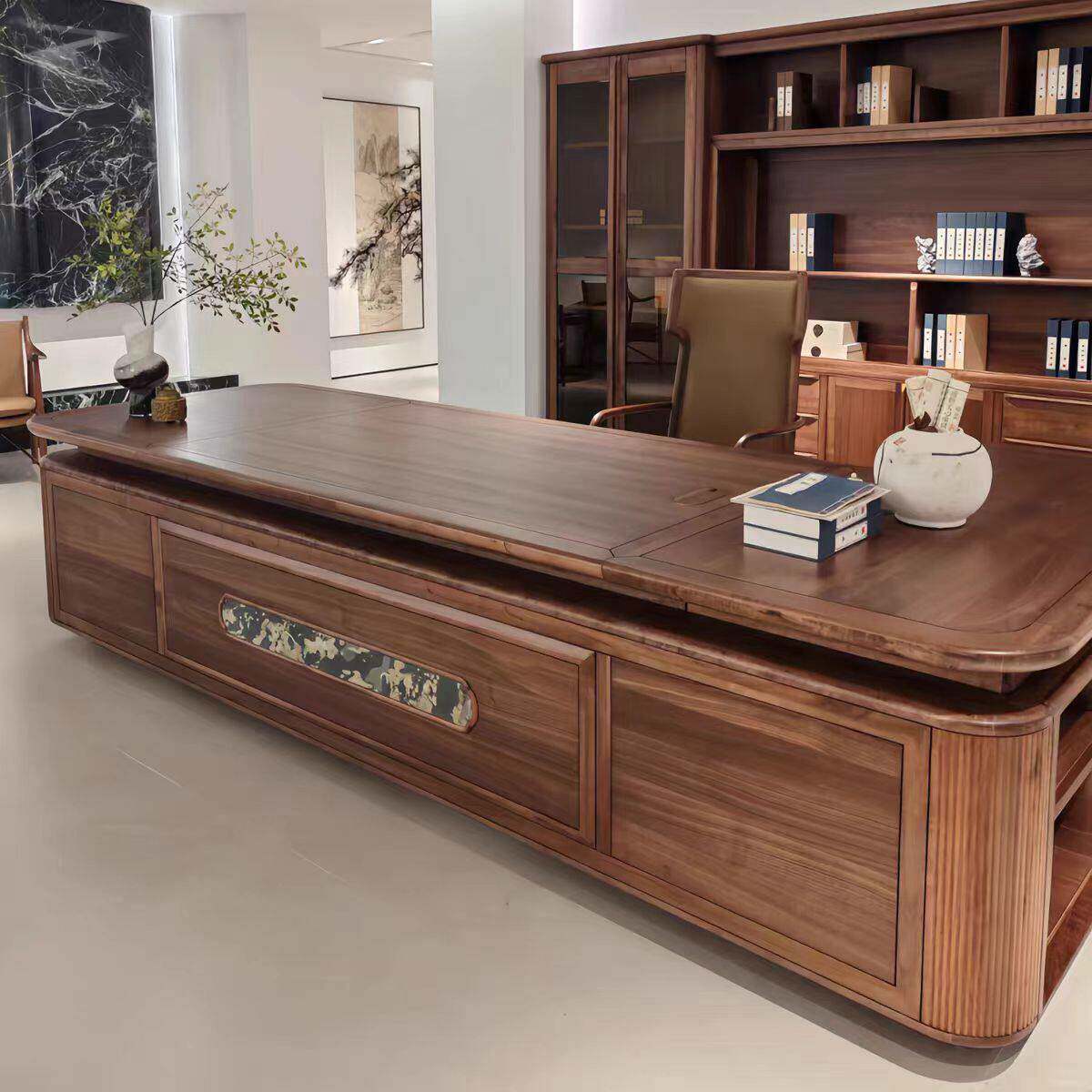 新中式实木老板桌2025新款黑胡桃木轻奢办公桌董事长办公室大班台