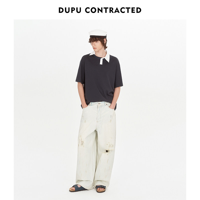 DUPU 「航海」系列不对称拼接设计感假两件衬衫POLO领T恤