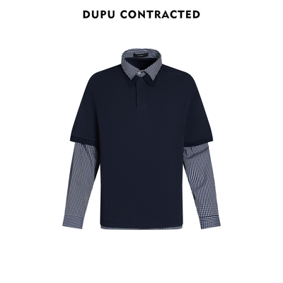 DUPU假两件拼接格纹卫衣