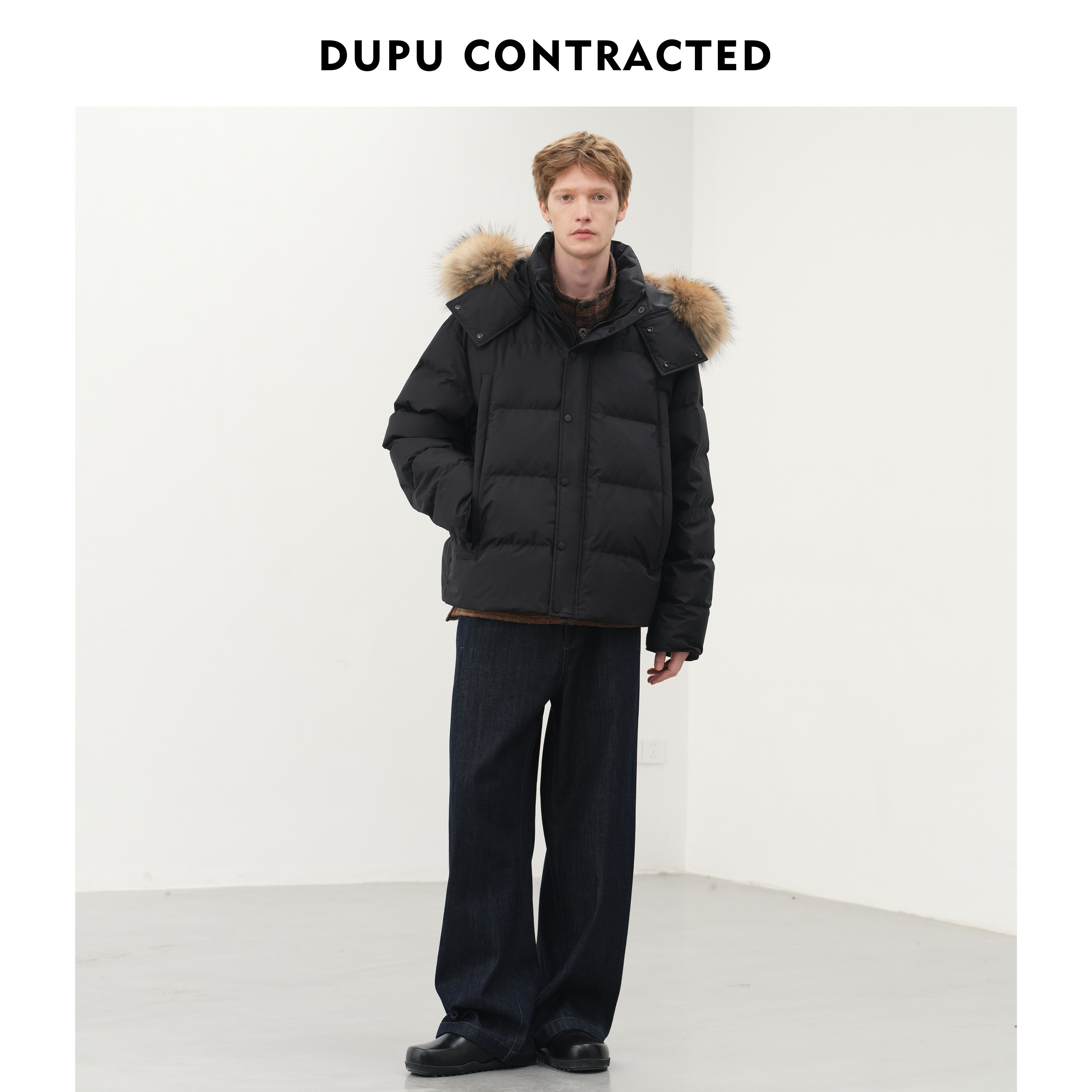 DUPU杜朴 大翻领毛领鹅绒羽绒服 黑白配色貉子毛领宽松微廓外套