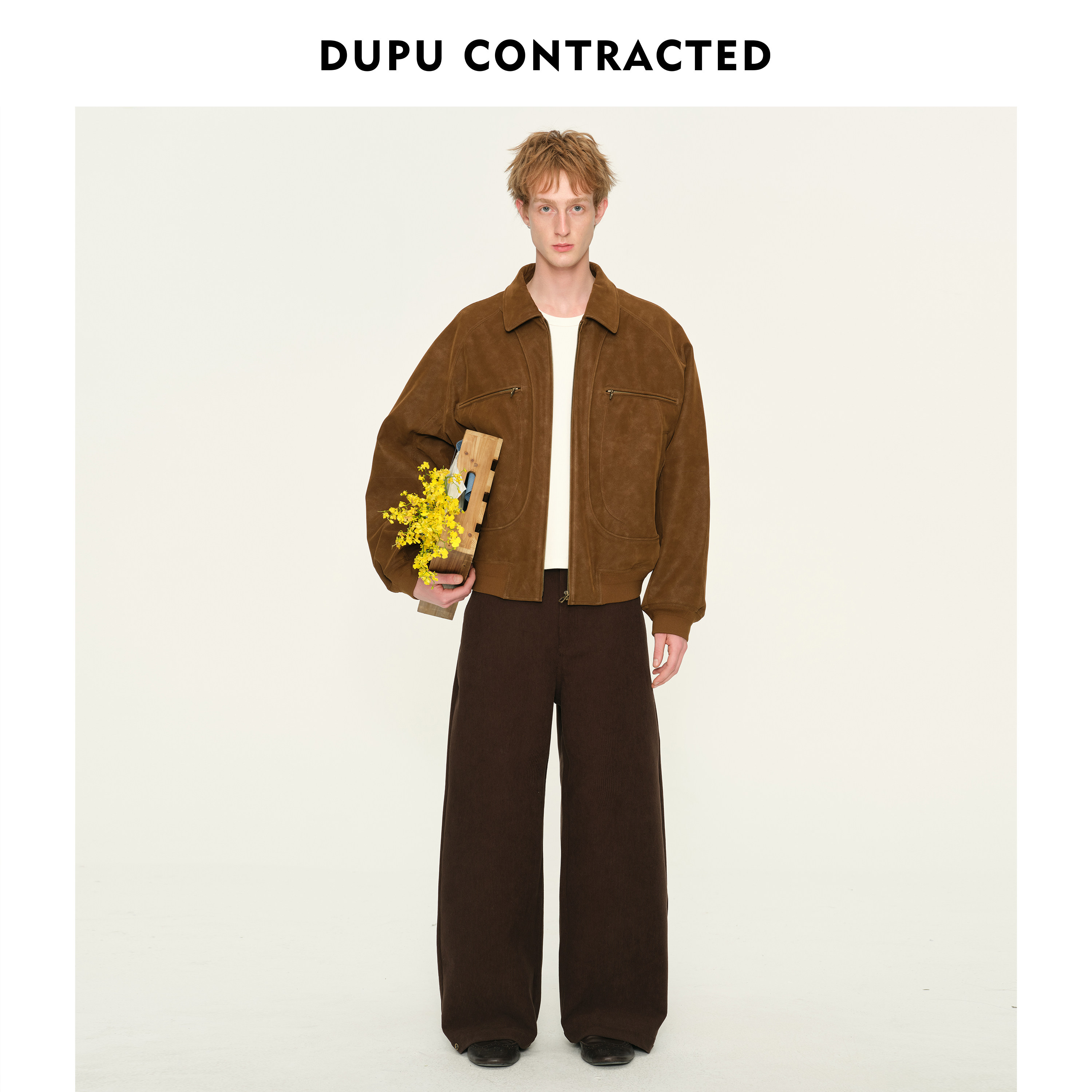 DUPU杜朴 棕色系复古短款微廓PU混纺棉服 冬季年代感翻领夹克