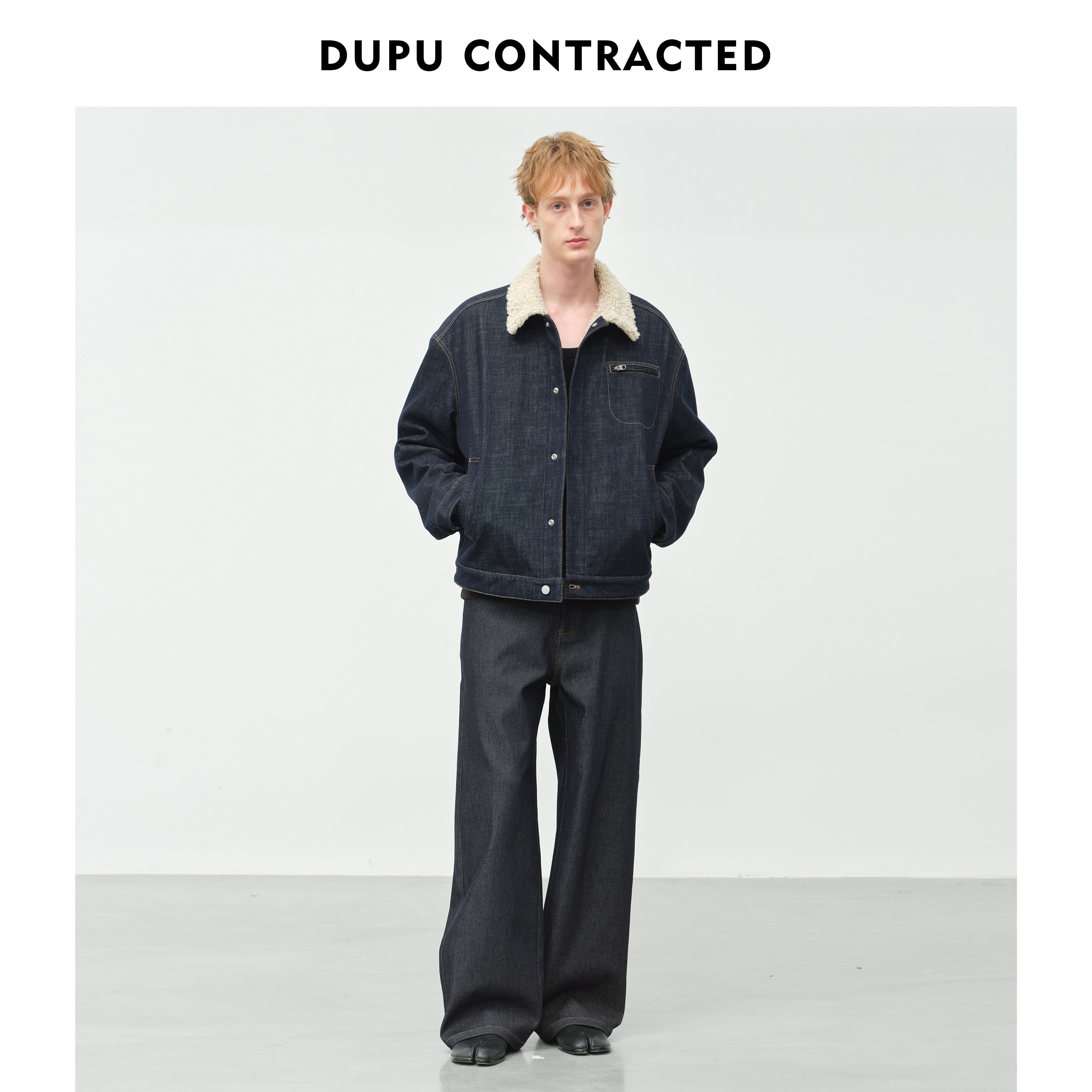 DUPU杜朴 水洗牛仔羊羔毛领夹克外套 深靛蓝粗线撞色休闲外套,男装,牛仔外套,淘宝优惠券,粉丝福利购,淘宝优惠卷