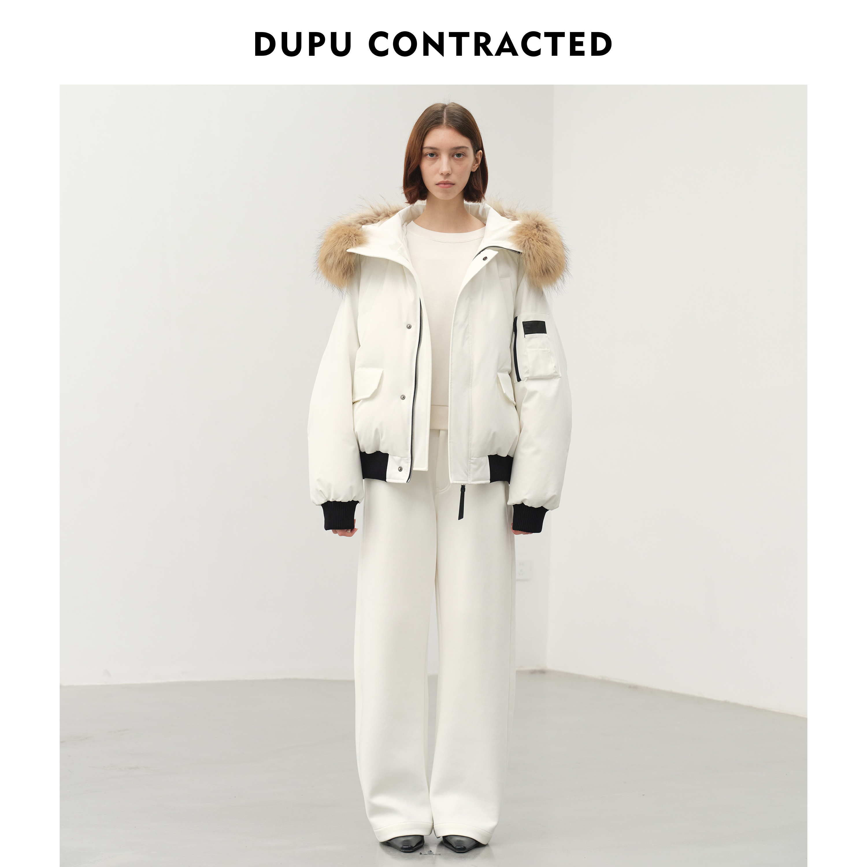 DUPU杜朴 棕色毛领短款90鹅绒羽绒服 多口袋蓬松舒适连帽羽绒外套