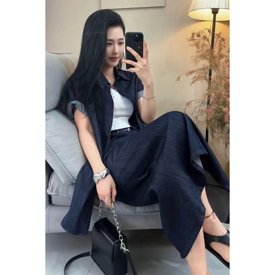 港风复古牛仔套装裙女装夏季新款高级感短袖衬衫高腰半身裙两件套