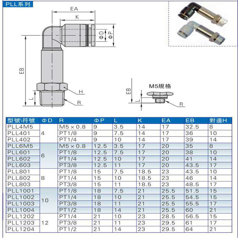 亚德客 加长型螺纹弯头 接头 PLL801 PLL802 PLL803 AirTAC