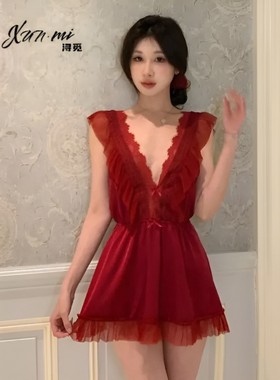 浔觅/Xunmi 比利弗少女  波佩亚红色露背睡衣显瘦吊带睡裙居家服