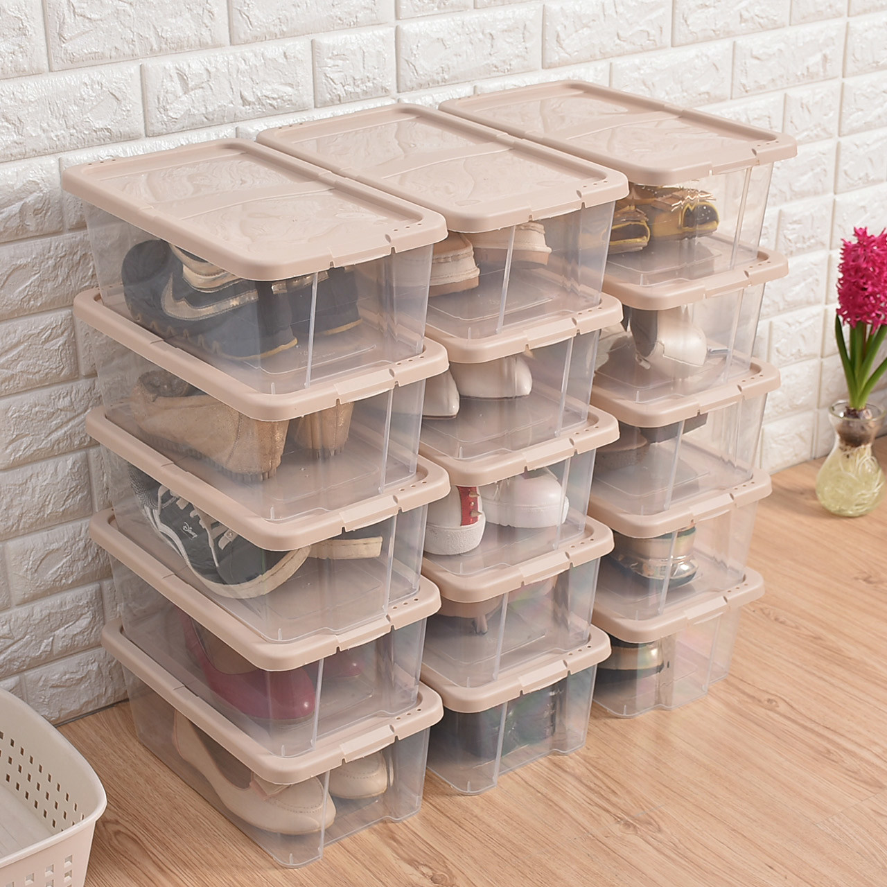 百露塑料加厚可叠加鞋盒多彩鞋盒收纳盒透明鞋盒桌面收纳盒5个装