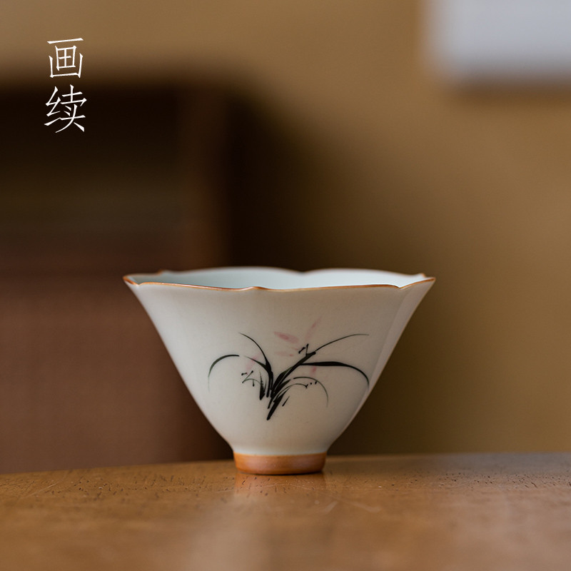 画续草木灰手绘兰花斗笠杯主人杯单杯功夫茶杯单个陶瓷茗杯