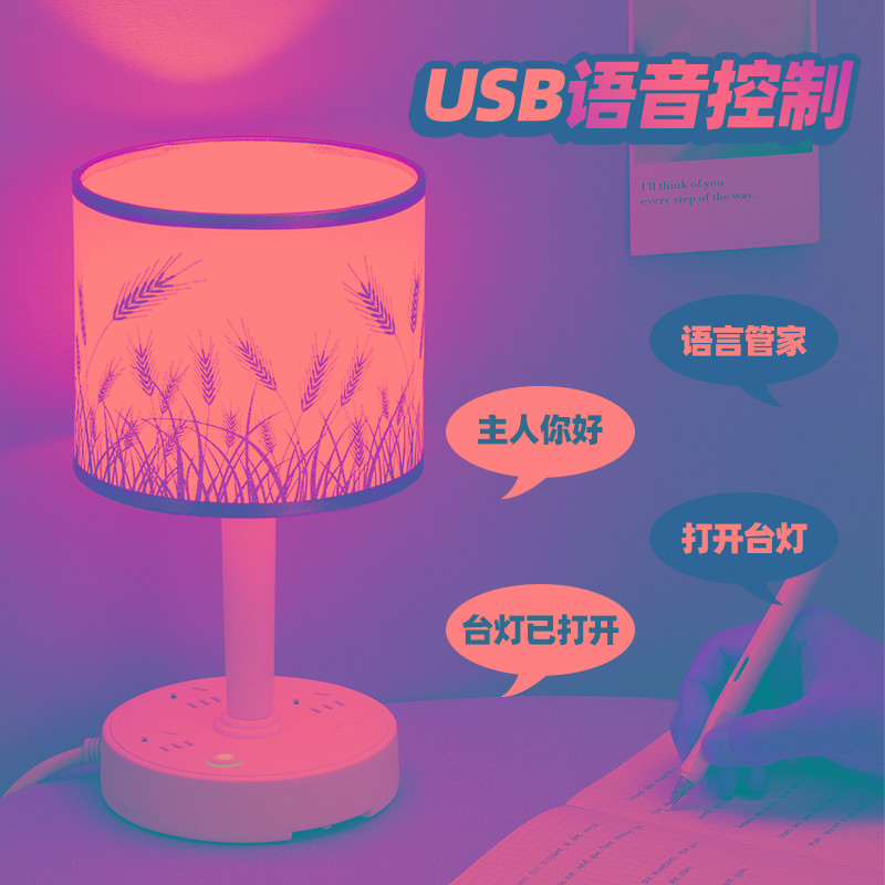 智能语音台灯学习专用护眼家用小台风儿童卧室床头插座声控小夜灯
