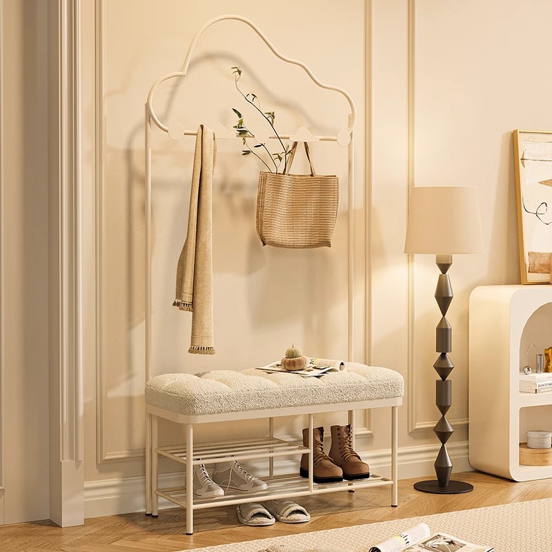 帝伊印象法式奶油风换鞋凳入户门口羊羔绒长凳一体带衣帽架穿