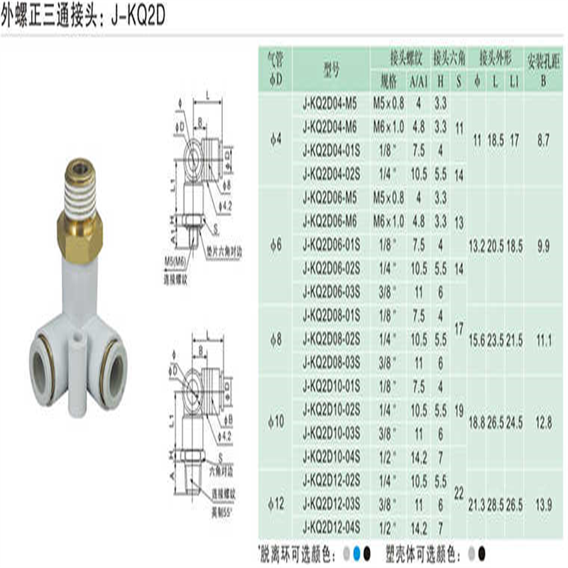 J&Y金业气动螺纹快速快插塑料接头三通直角4mmJ-KQ2D04-01/02S