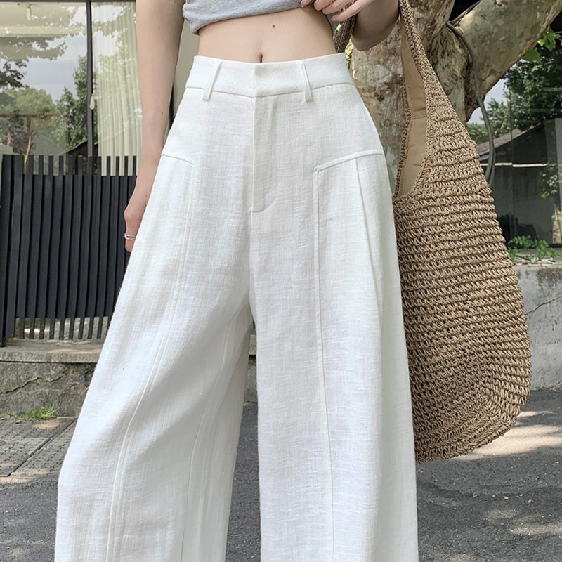 白色亚麻阔腿裤女夏薄款高腰垂感老钱风西装直筒休闲裤阔腿夏季