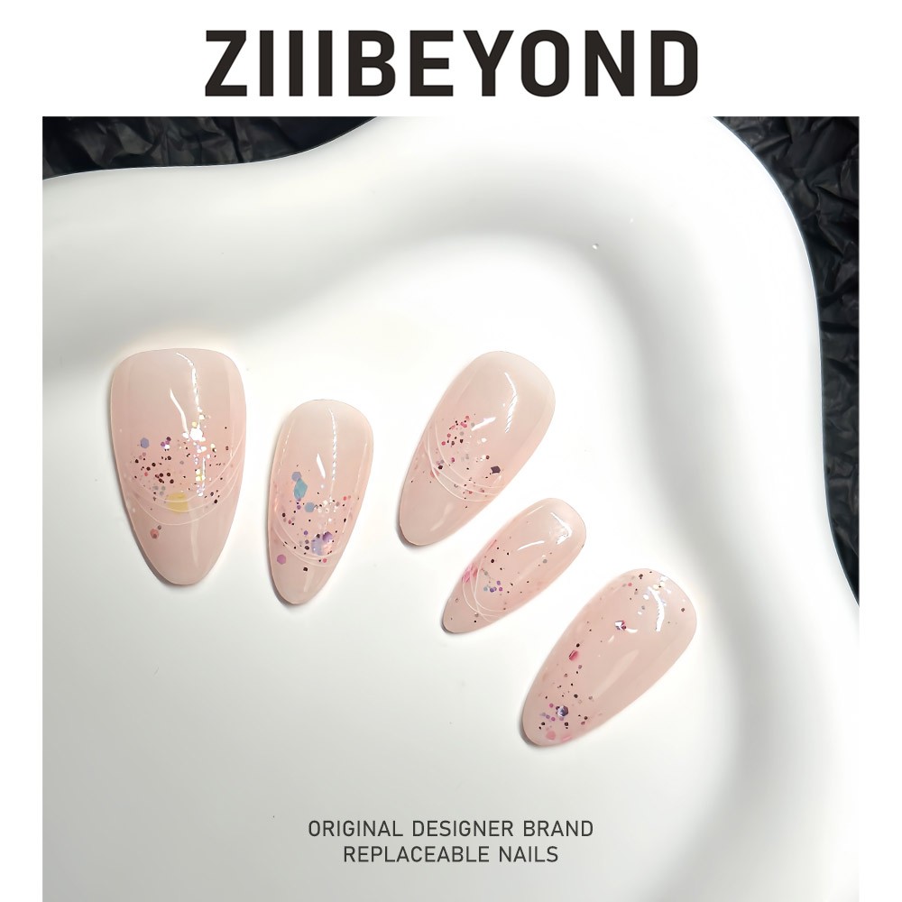 再变 纯欲仙女美甲纯手工穿戴甲裸色气质魔镜闪片美甲短杏仁ZB02