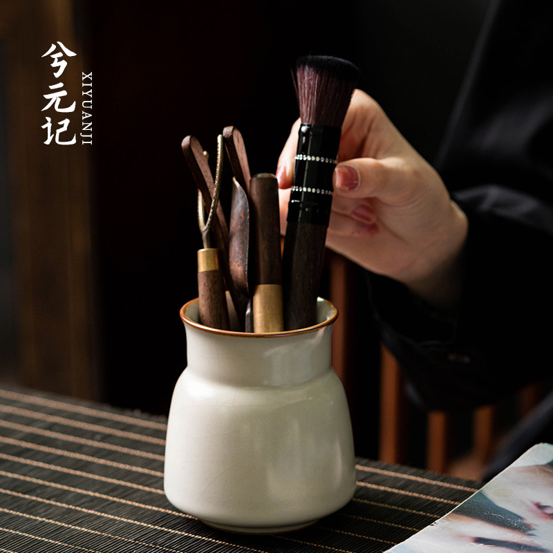 米黄汝窑茶道筒六君子功夫茶具茶道零配泡茶陶瓷工具茶夹茶勺