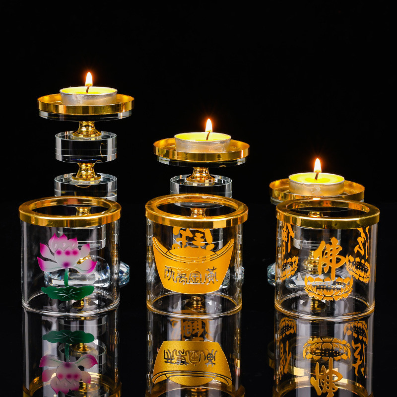 经文蜡烛台酥油灯座大悲咒家用佛字烛台摆件佛长明灯水晶防风