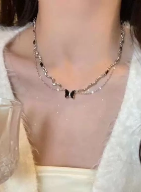 批发爆款双层黑色蝴蝶组合式项链女ins锁骨链女高级小众设计感配