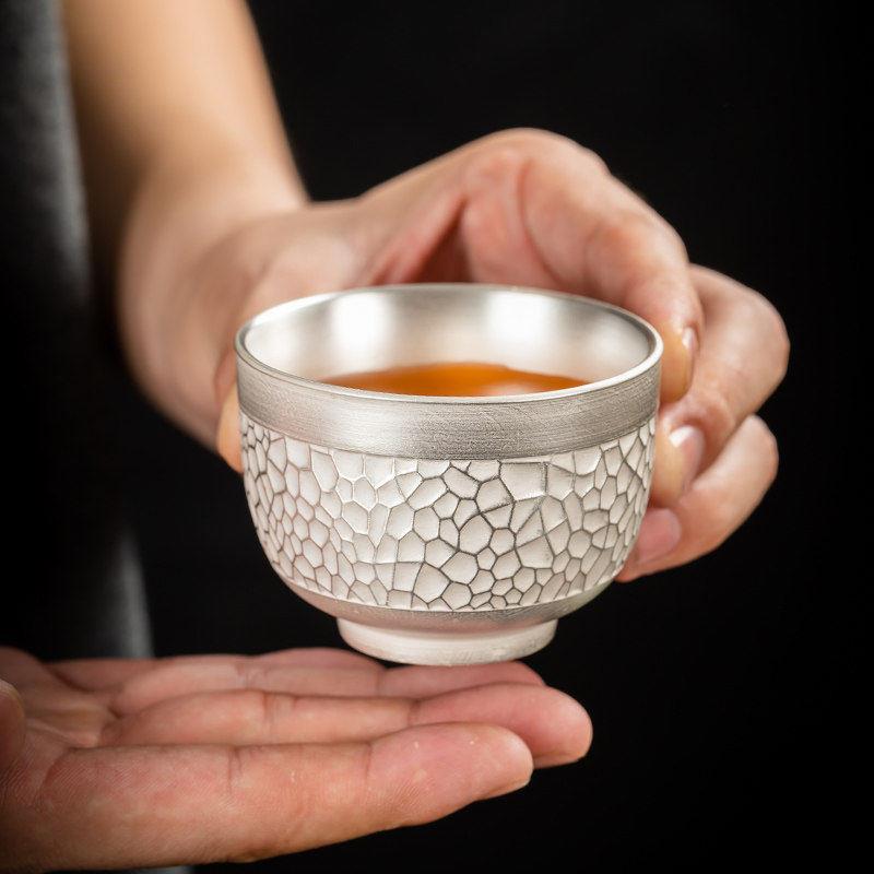 纯银茶杯鎏银茶具锤纹茶杯个性纹理防烫功夫茶杯单杯品茗杯礼盒装