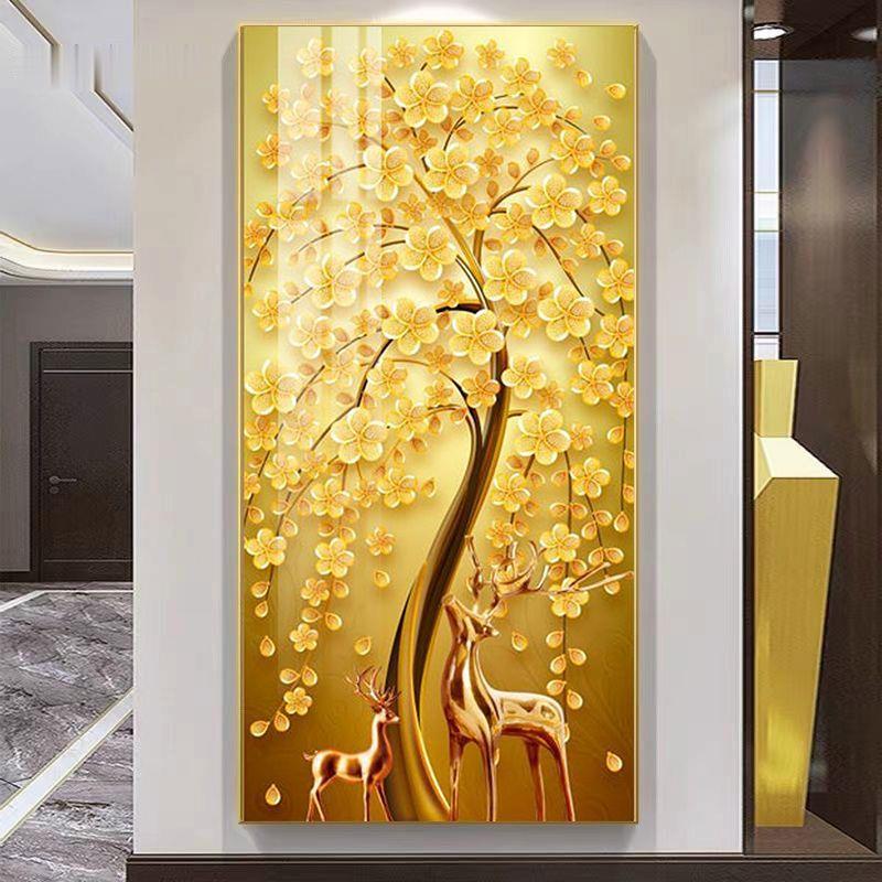 发财树入户玄关装饰画竖版现代轻奢走廊过道挂画高端大气招财进宝