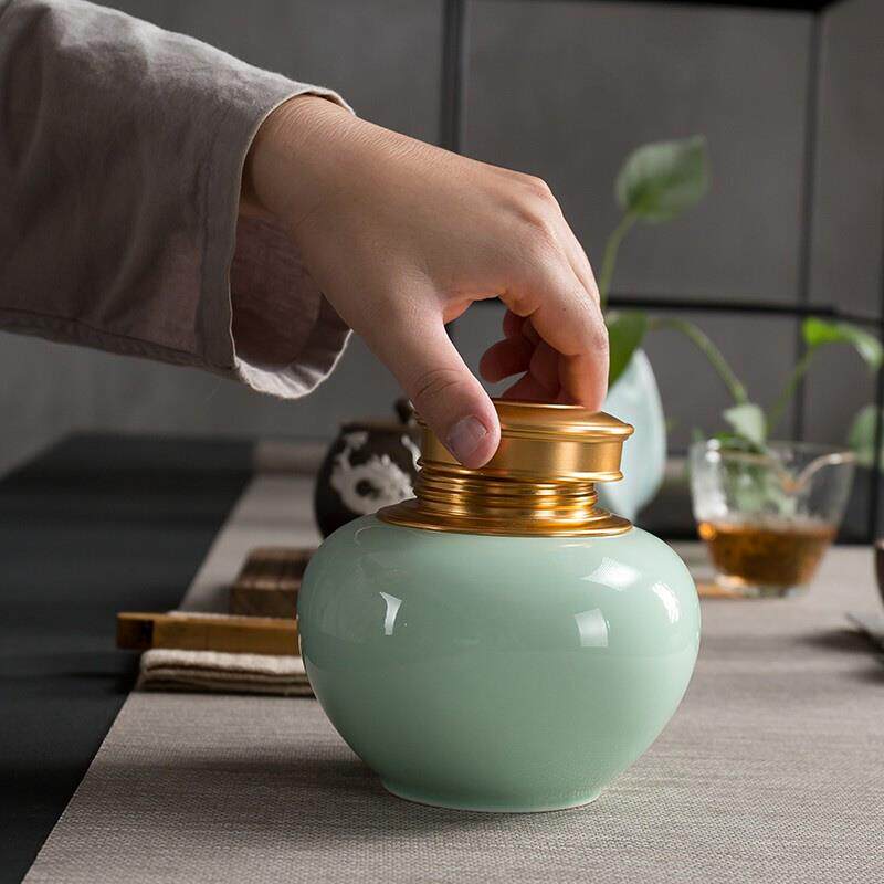 青瓷密封茶叶罐 陶瓷存储罐双层盖自吸保鲜茶罐茶叶盒香粉药罐子