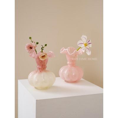 无为时间馆温柔粉色中古芬顿风渐变覆古法式手工琉璃花瓶插花摆件