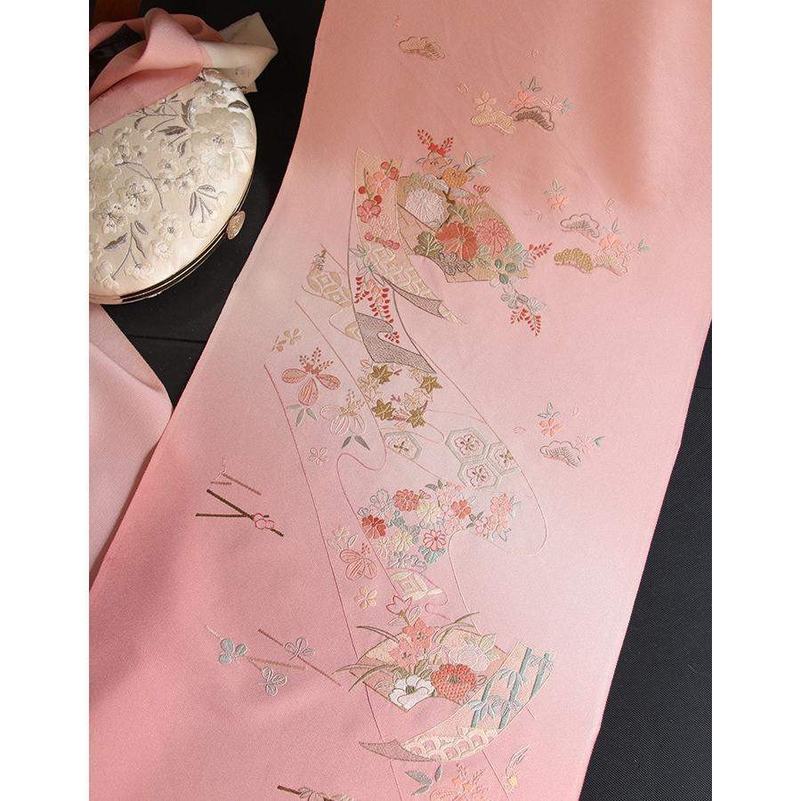 正绢布料蚕丝 旗袍面料粉色苏绣花枝付下反物