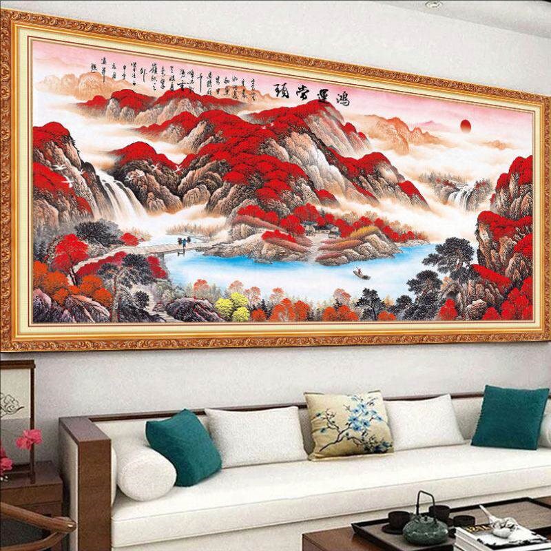 纯手工十字绣成品鸿运当头山水风景新款客厅书房大幅画绣好的带框