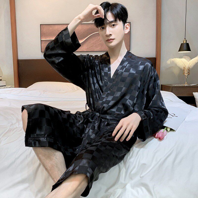 夏季男士睡袍冰丝睡衣长袖白色浴袍丝绸薄款家居服晨袍春夏款大码