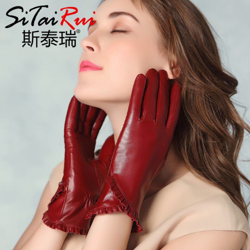 进口真皮皮手套女士秋冬季荷叶边羊皮修手简约款加绒加厚保暖触屏